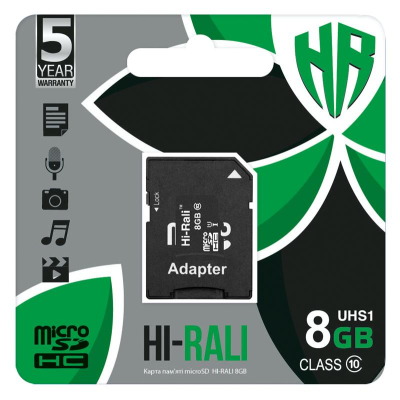 Карта памяти MicroSDHC 8GB UHS-I Class 10 Hi-Rali + SD-adapter (HI-8GBSD10U1-01)