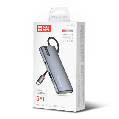 Док-станція ColorWay USB-C 5-в-1 Type C PD 100W/USB3.0х3/HDMI 4К (CW-HUB01) Док-станція ColorWay USB-C 5-в-1 Type C PD 100W/USB3.0х3/HDMI 4К (CW-HUB01)