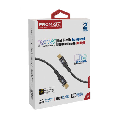 Кабель Promate Lucidline-CC120 USB Type-C - USB Type-C (M/M), 5 A, 100 W, 1.2 м, Black Кабель Promate Lucidline-CC120 USB Type-C - USB Type-C (M/M), 5 A, 100 W, 1.2 м, Black
