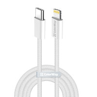 Кабель ColorWay USB Type-C - Lightning (M/M), (braided cotton) (PD Fast Charging 27W), 2 м, Gray (CW-CBPDCL068-GR)
