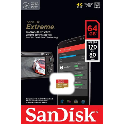 Карта пам`ятi MicroSDXC 64GB C10 UHS-I SanDisk Extreme V30 U3 R170/W80MB/s (SDSQXAH-064G-GN6AA)