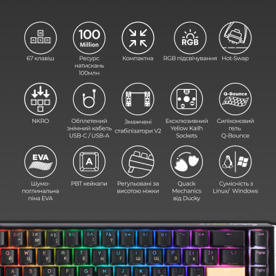 Клавиатура Ducky One 3 SF Cherry MX Red RGB UA USB Black (DKON2167ST-RUAPXCLAWSC1)