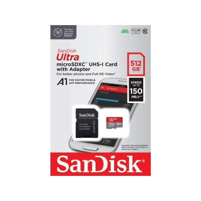 Карта памяти MicroSDXC 512GB UHS-I Class 10 SanDisk Ultra A1 R150MB/s + SD-адаптер (SDSQUAC-512G-GN6MA) Карта памяти MicroSDXC 512GB UHS-I Class 10 SanDisk Ultra A1 R150MB/s + SD-адаптер (SDSQUAC-512G-GN6MA)