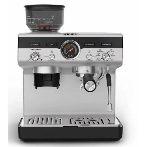 Кавоварка Krups ріжкова Precision+, 3.5л, вдубована кавомолка, ручний капучинатор, 15 бар, чорний-сірий