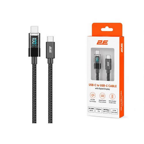 Кабель 2E USB-C > USB-C заряджання/синхронізації 100Вт PD, 1м, Digital Display, чорний