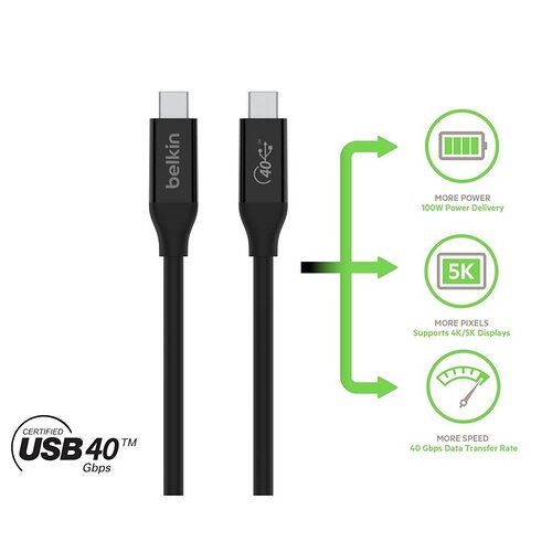 Кабель Belkin USB-C > USB-C заряджання/синхронізації 100Вт PD, USB4, 40Гбс, 0.8м, чорний