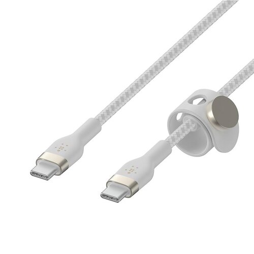 Кабель Belkin USB-C > USB-C заряджання/синхронізації 60Вт PD, 1м, плетений, силіконовий, з ремінцем на магніті, білий