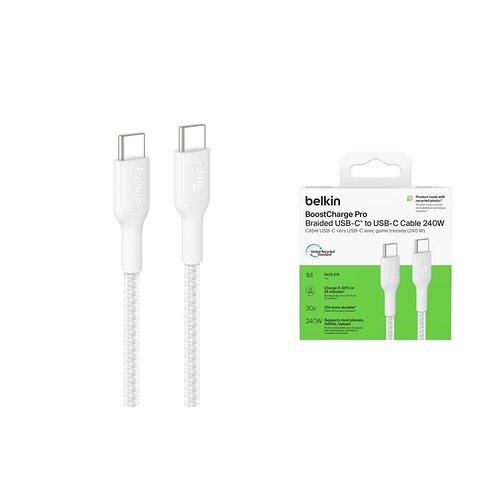 Кабель Belkin USB-C > USB-C заряджання/синхронізації 240Вт PD, 1м, плетений, білий