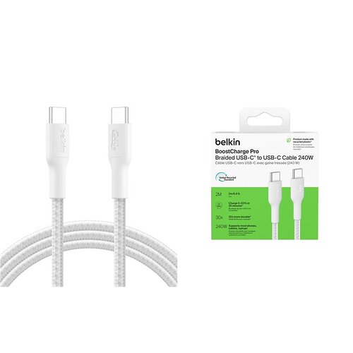 Кабель Belkin USB-C > USB-C заряджання/синхронізації 240Вт PD, 2м, плетений, білий