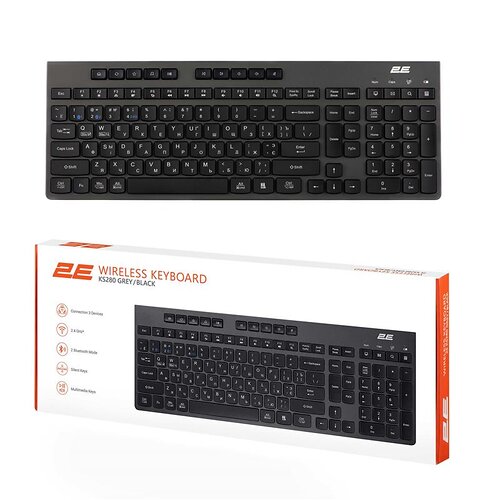 Клавіатура мембранна 2E KS280 120key, WL/BT, EN/UK/RU, silent, чорно-сіра