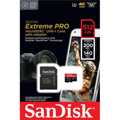 Карта памяти MicroSDXC 512GB UHS-I U3 R200/W140MB/s SanDisk Extreme Pro V30 + SD-адаптер (SDSQXCD-512G-GN6MA)