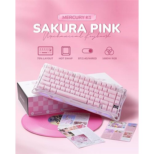 Клавіатура механічна GravaStar Mercury K1 80keys, GravaStar x Kailh Cheery Pink, EN, BT/WL/USB, Sakura Pink