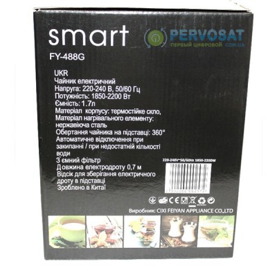Электрочайник SMART FY-488 (2200Вт., 1,7л., диск, стекл., чёрный)