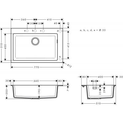 Мийка кухонна Hansgrohe S51, граніт, прямокутник, без крила, 770х510х190мм, чаша - 1, накладна, S510-F660, чорний графіт