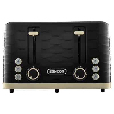 Тостер Sencor 1600Вт, підігрів, розморожування, 4 слоти, пластик, чорно-золотий