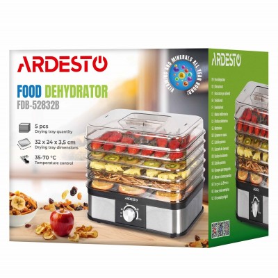 Сушарка для продуктів Ardesto 245Вт, піддонів - 5x3см, макс - 70°С, пластик, чорний+нерж
