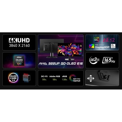 Монітор MSI 31.5" MAG 322UP-E16 2xHDMI, DP, USB-C, Audio, QD-OLED, 3840x2160, 165Hz, 0.03ms, sRGB 138%, FreeSync, HAS, HDR400 Монітор MSI 31.5" MAG 322UP-E16 2xHDMI, DP, USB-C, Audio, QD-OLED, 3840x2160, 165Hz, 0.03ms, sRGB 138%, FreeSync, HAS, HDR400