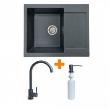 Набір кухонний Adamant Minimal, штучний камінь, прямокут., з крилом, 615х495х200мм, чаша - 1, врізна, графіт + змішувач та дозатор