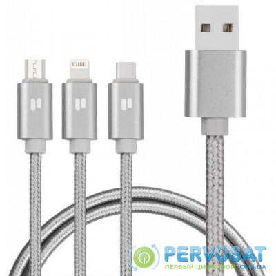 Дата кабель USB 2.0 AM to Lightning + Micro 5P + Type-C 1.5m silver PURIDEA (L10-Silver)