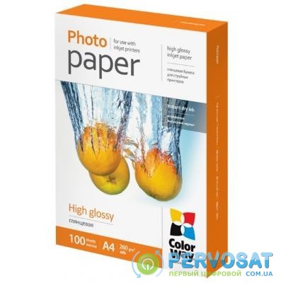 Бумага ColorWay A4, 260г, glossy, 100л, карт.уп. (PG260100A4)