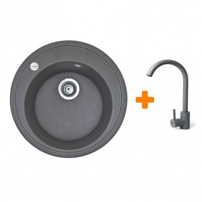 Набір кухонна Adamant Sun, штучний камінь, кругла, без крила, 510x200мм, чаша - 1, врізна, сірий + змішувач