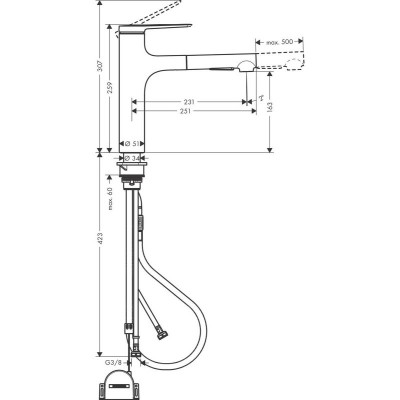 Змішувач для кухні Hansgrohe Zesis M33, довж.виливу - 231мм, витяжний, 1важіль, KM160sBoxlite, хром