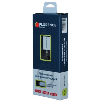 Зарядний пристрій Florence 1USB 1A + microUSB cable white (FL-1000-WM)