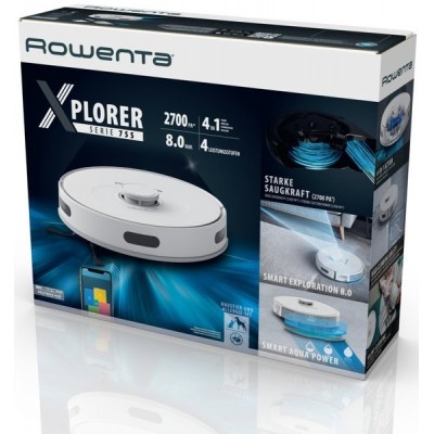 Робот-пилосос ROWENTA X-PLORER Serie 75 S, h=9,5см, вологе прибирання, конт пил -0,4л, вода -0,3л, автон. робота до 120хв, НЕРА, управлв.через смартфон, білий