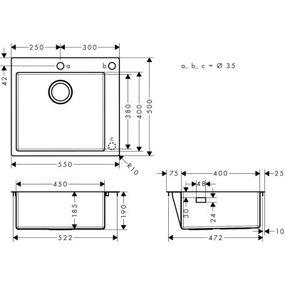 Мийка кухонна Hansgrohe S51, граніт, квадрат, без крила, 560х510х190мм, чаша - 1, накладна, S510-F450, чорний графіт