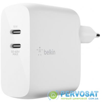 Зарядное устройство Belkin GAN (50+18W) Dual USB-С, white (WCH003VFWH)