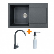 Набір кухонний Adamant Horizon, штучний камінь, прямокут., з крилом, 780х495х230мм, чаша - 1, врізна, графіт + змішувач та дозатор