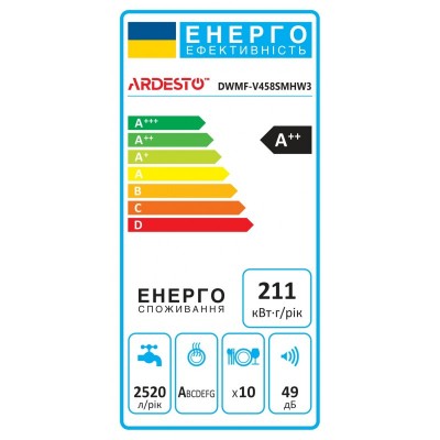 Посудомийна машина ARDESTO, 10компл., А++, 45см, дисплей, 3й кошик, гігієн.обробка, білий