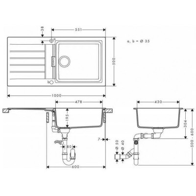 Мийка кухонна Hansgrohe S52, граніт, прямокутник, з крилом, 980х480х190мм, чаша - 1, врізна, сірий камінь