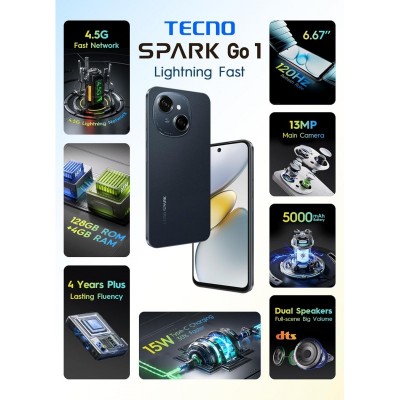Смартфон TECNO Spark Go 1 (KL4) 6.67" 3/128ГБ, 2SIM, 5000мА•год, Startrail Black