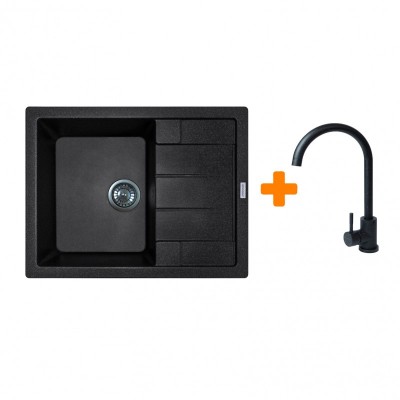 Набір кухонний Adamant Anila, штучний камінь, прямокут., з крилом, 645х495х200мм, чаша - 1, врізна, чорний + змішувач