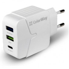 Зарядний пристрій ColorWay 2USB + Type-C 3.4A white (CW-CHS005-WT) Зарядний пристрій ColorWay 2USB + Type-C 3.4A white (CW-CHS005-WT)