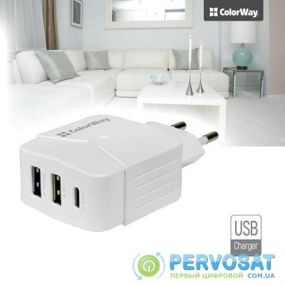 Зарядное устройство ColorWay 2USB + Type-C 3.4A white (CW-CHS005-WT)