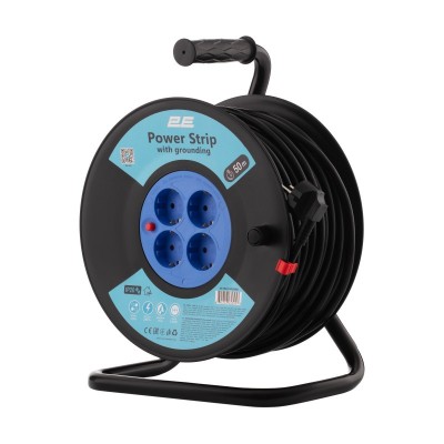 Подовжувач мережевий 2E REEL 50м, 4xТипF, 16A, чорно-синій