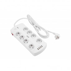 Подовжувач-фільтр мережевий 2E 8xТип F, 3x1.5мм кв, 16A, 4xUSB-A, з захистом від перенапруги, 3м, білий
