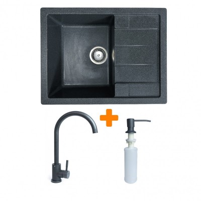 Набір кухонний Adamant Anila, штучний камінь, прямокут., з крилом, 645х495х200мм, чаша - 1, врізна, графіт + змішувач та дозатор