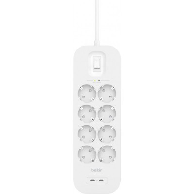 Подовжувач-фільтр мережевий Belkin 8хТип F, 3x1.5мм кв, 16А, USB-C/USB-C 30Вт, з захистом від перенапруги, 2м, білий