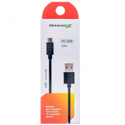 Дата кабель USB 2.0 AM to Micro 5P 2.5m black Grand-X (PM025B)