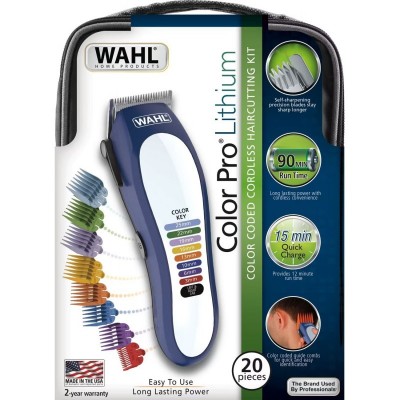 Машинка для стрижки Wahl Color Pro Lithium, мережа+акум., вібраційний мотор, насадок-10, кейс, масло та ножиці у компл., сталь, біло-синій