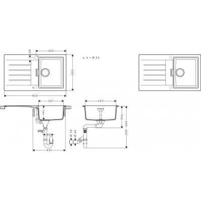 Мийка кухонна Hansgrohe S52, граніт, прямокутник, з крилом, 840х480х190мм, чаша - 1, врізна, сірий камінь