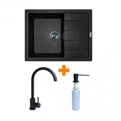 Набір кухонний Adamant Anila, штучний камінь, прямокут., з крилом, 645х495х200мм, чаша - 1, врізна, чорний + змішувач та дозатор