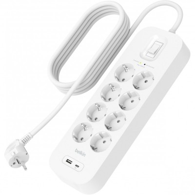 Подовжувач-фільтр мережевий Belkin 8хТип F, 3x1.5мм кв, 16А, USB-A/USB-C 18Вт, з захистом від перенапруги, 2м, білий Подовжувач-фільтр мережевий Belkin 8хТип F, 3x1.5мм кв, 16А, USB-A/USB-C 18Вт, з захистом від перенапруги, 2м, білий