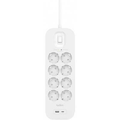 Подовжувач-фільтр мережевий Belkin 8хТип F, 3x1.5мм кв, 16А, USB-A/USB-C 18Вт, з захистом від перенапруги, 2м, білий Подовжувач-фільтр мережевий Belkin 8хТип F, 3x1.5мм кв, 16А, USB-A/USB-C 18Вт, з захистом від перенапруги, 2м, білий