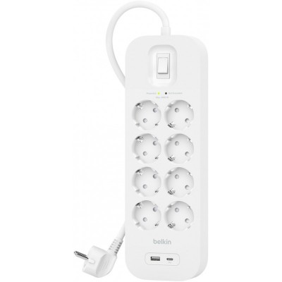 Подовжувач-фільтр мережевий Belkin 8хТип F, 3x1.5мм кв, 16А, USB-A/USB-C 18Вт, з захистом від перенапруги, 2м, білий Подовжувач-фільтр мережевий Belkin 8хТип F, 3x1.5мм кв, 16А, USB-A/USB-C 18Вт, з захистом від перенапруги, 2м, білий
