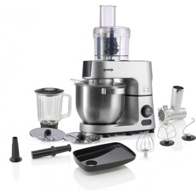 Кухонна машина Gorenje 1500Вт, дисплей, чаша-метал, корпус-метал+пластік, насадок-7, сріблястий