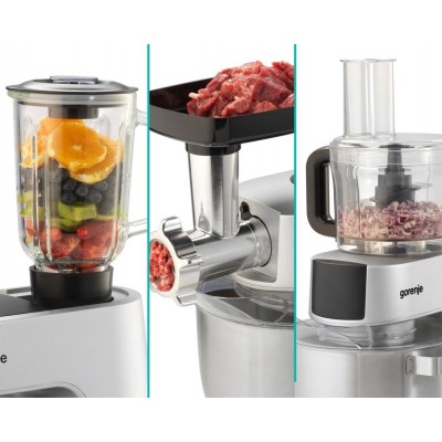 Кухонна машина Gorenje 1500Вт, дисплей, чаша-метал, корпус-метал+пластік, насадок-7, сріблястий